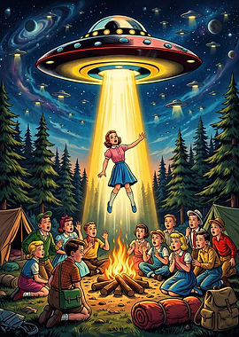 Retro Alien Abduction Campfire Scene