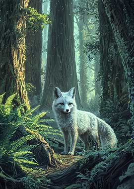 White Fox in the Mystical Redwood Forest