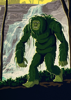 Green Bigfoot Near Waterfall Illustration
