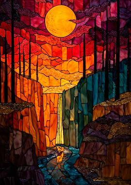 Stained glass waterfall canyon full moon landscape
