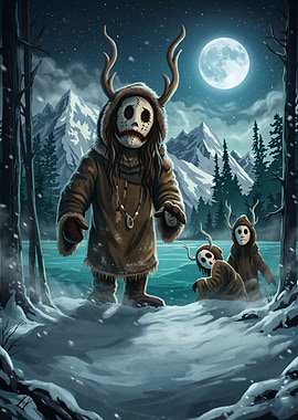 Mysterious Antlered Figures in Winter Landscape