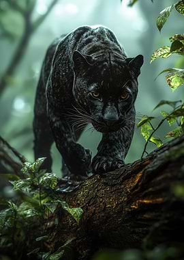 Black Panther Stalking Through the Misty Jungle