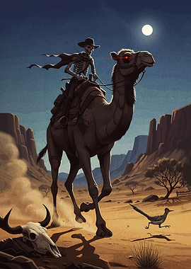 Skeleton Cowboy Riding Camel in Desert