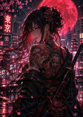 Tattooed Samurai Girl in Red Tokyo