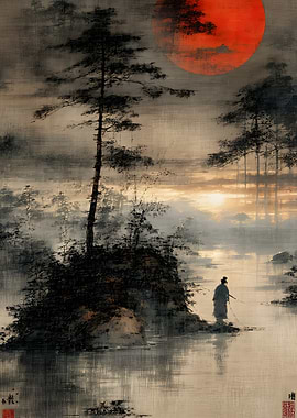 Lone Samurai Under Red Moon
