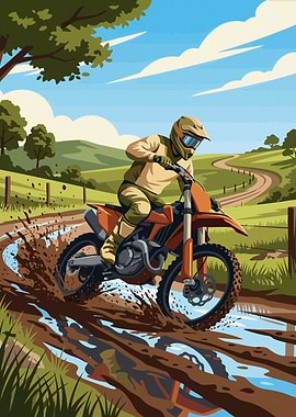 Motocross Rider Splashing Through Mud