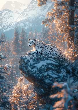 Snow Leopard at Golden Sunset on Mountain Cliff