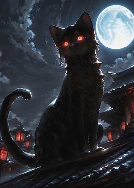 Mystical Black Cat Under Full Moon