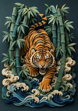 Roaring Tiger in Bamboo Forest