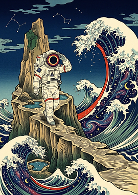 Astronaut on Ukiyo-e Cosmic Wave