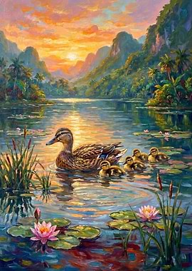 Mother Duck and Ducklings at Sunset
