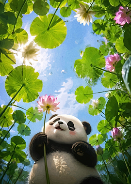Cute Panda Holding a Lotus Flower
