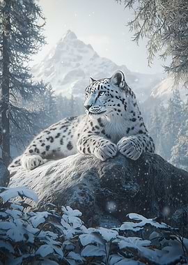 Snow Leopard Resting on a Frosty Mountain Rock