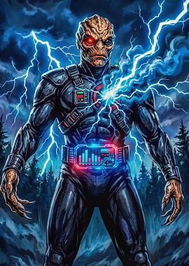 Cyborg Alien Warrior in Lightning Storm