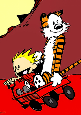 Calvin and Hobbes in Red Wagon