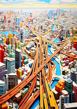 Vibrant Aerial Cityscape with Highway Interchange