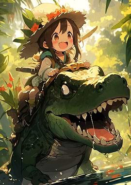 Anime Girl Riding a Giant Crocodile