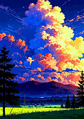 Vibrant Anime Style Mountain Sunset