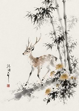 Sumi-e Style Deer and Bamboo Painting