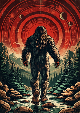 Bigfoot Walking Through Forest Under Cosmos
