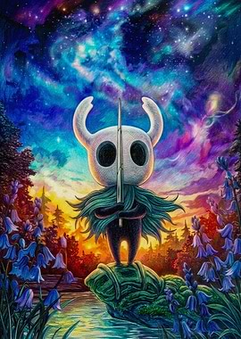 Hollow Knight Standing Under Cosmic Sky