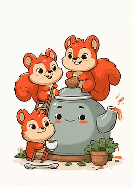 Cute Squirrels Having Tea Party
