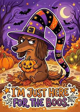 Grumpy Dachshund Halloween Witch Illustration