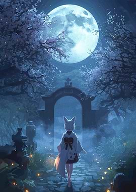 Fox Girl Under Full Moon
