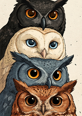 Stack of Four Colorful Owls