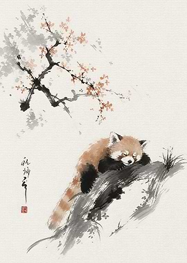 Sleeping Red Panda Ink Wash Painting