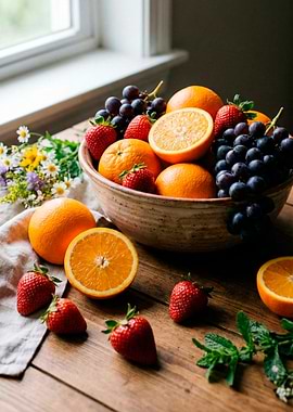 Fresh Fruit Bowl on Wooden Table