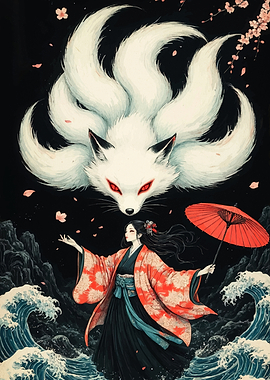 Kitsune Spirit and Woman with Umbrella