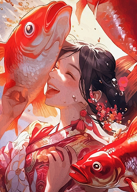 Joyful Girl with Vibrant Koi Fish