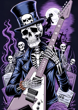 Skeleton Rocker in Graveyard Illustration