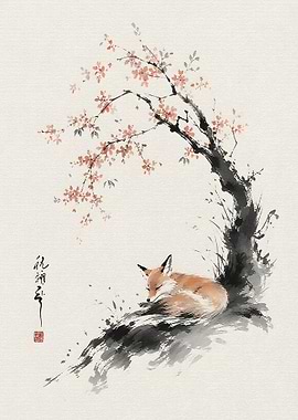 Sleeping Fox Under Cherry Blossom Tree