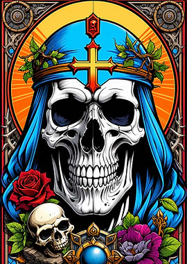 Gothic Skull with Cross and Flowers