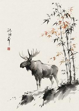 Ink Wash Painting of a Moose