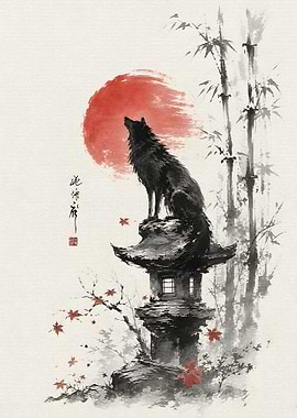 Wolf on Japanese Stone Lantern