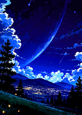 Starlit Night Over Mountain Town