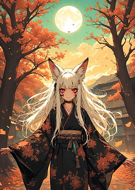 Fox Girl in Autumn Forest