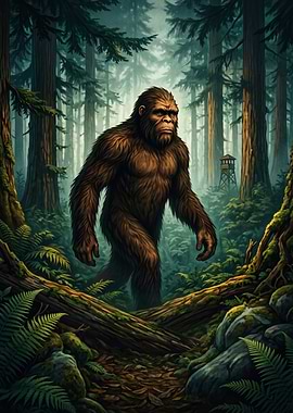 Bigfoot Walking Through Misty Forest