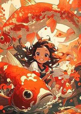 Anime Girl Swimming with Koi Fish