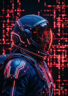 Cybernetic Astronaut in Red Digital Space