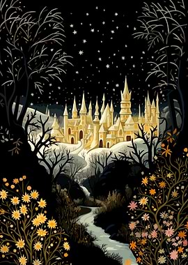 Enchanted Castle in Winter Night