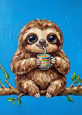 Cute Sloth Drinking from Colorful Mug