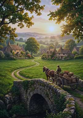 Horse-Drawn Cart in English Countryside