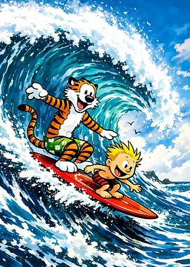Calvin and Hobbes Surfing Big Wave