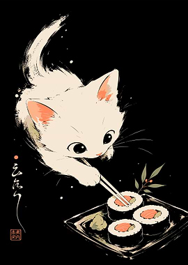 Cute Kitten Eating Sushi Illustration