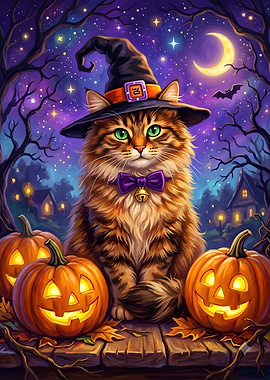 Cute Halloween Witch Cat with Pumpkins