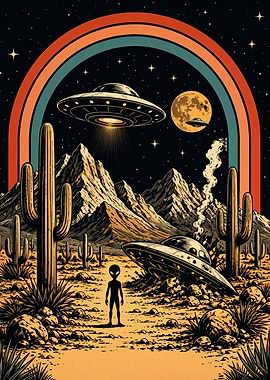 Retro Alien Desert UFO Crash Scene